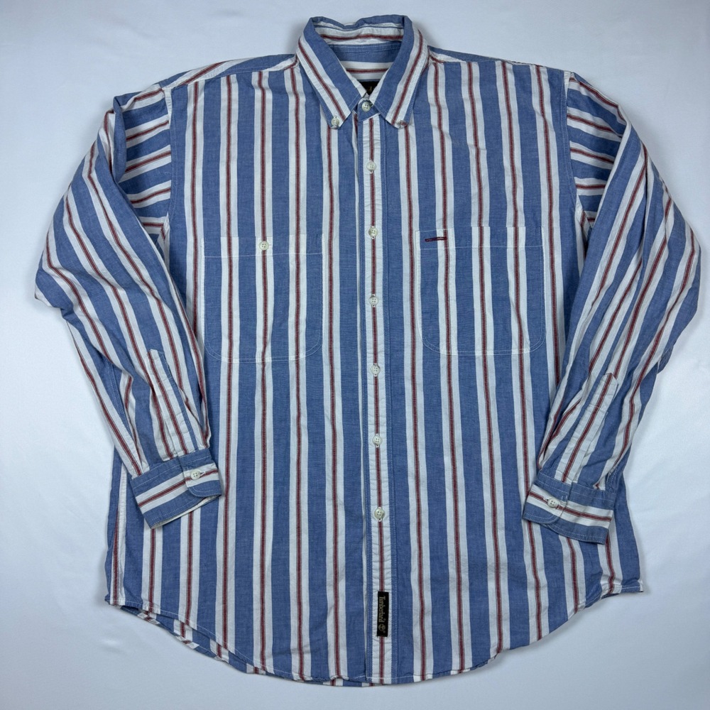 Timberland Weathergear Shirt Mens M Blue Striped Vintage 90s Cotton Button Up